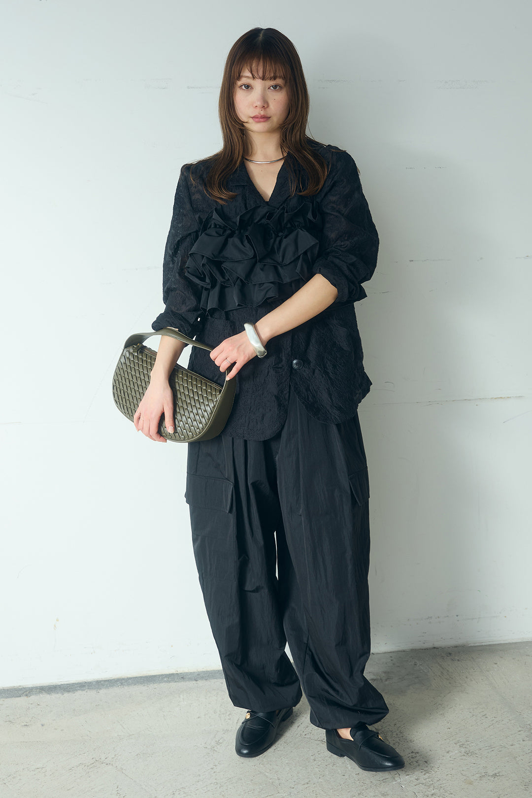 [SET]刺繍シアーテーラードジャケット+撥水フリルビスチェ+撥水ジョガーパンツ(3set)