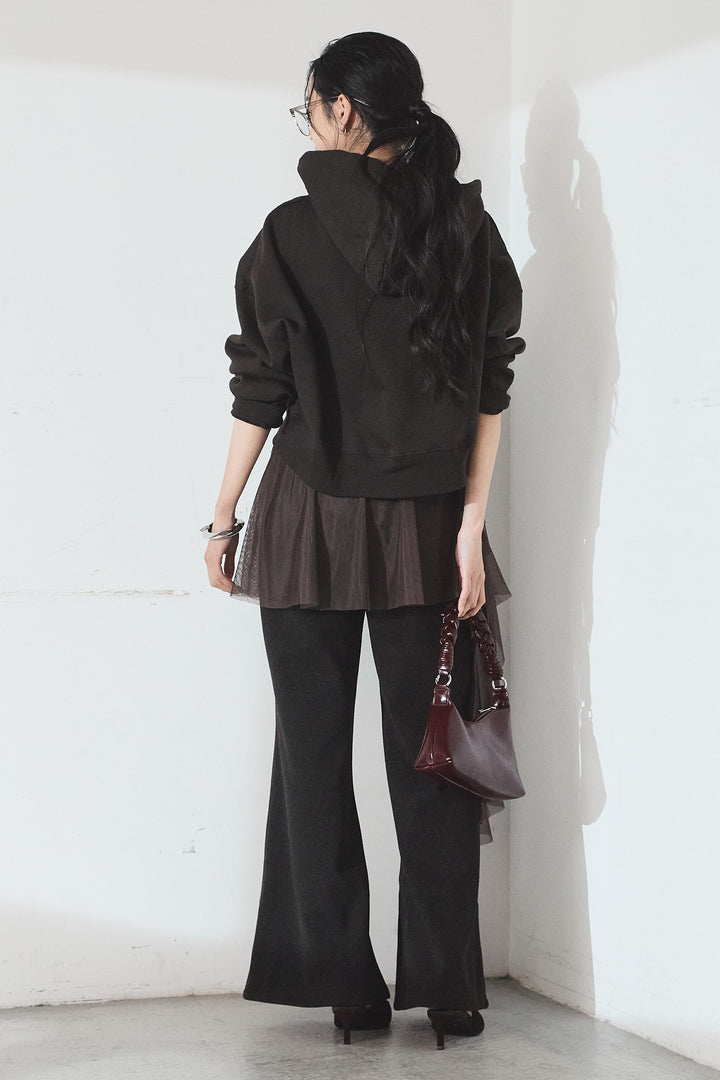 [SET]裏起毛レタリング刺繍フーディショートプルオーバー+チュールレイヤードニットパンツ(2set)