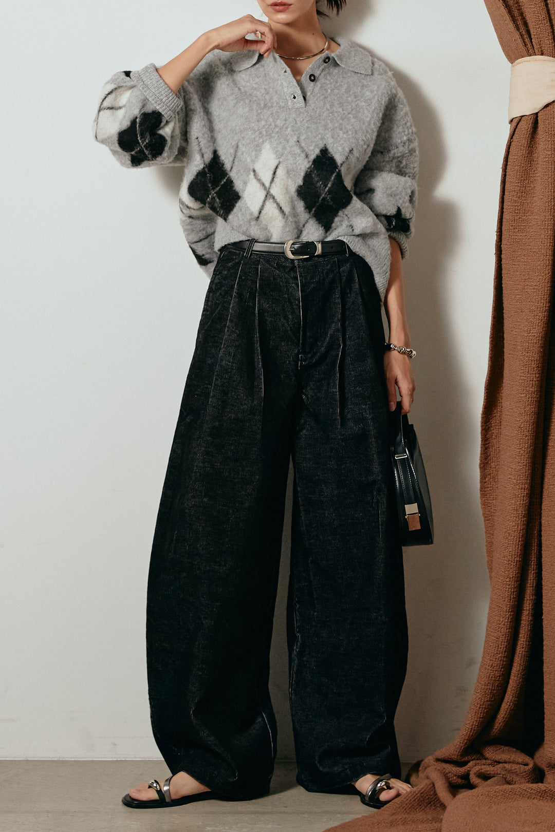 [SET]アーガイル柄ポロニットトップス+フロントタック入りコーデュロイパンツ(2set)