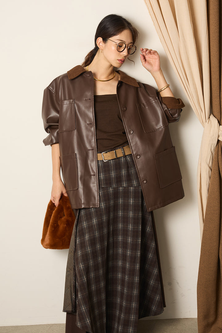 [SET]襟コーデュロイフェイクレザーカバーオール+フェイクレザーベルト付き切り替えタータンチェックスカート(2set)