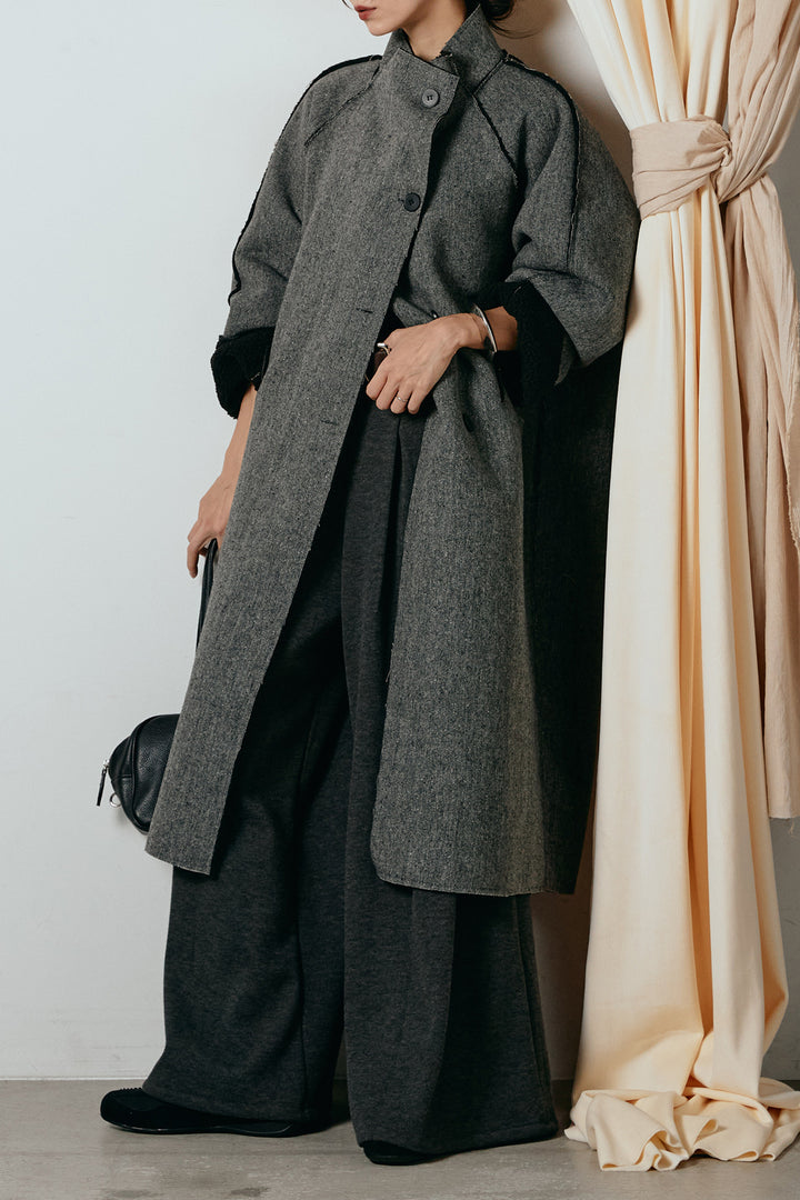 [SET]裏地ボアハイネックロングアウター+フェイクレザー太ベルト付きタックワイドパンツ(2set)