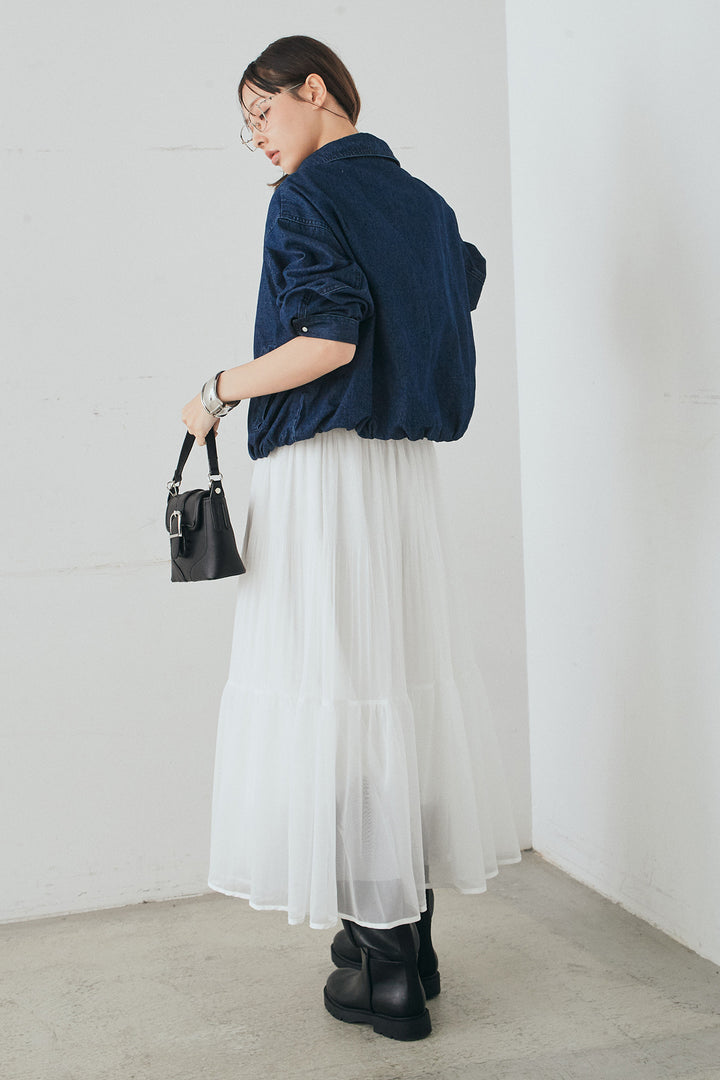 [SET]スタンドカラーデニムブルゾンジャケット+ボリュームシルエットチュールスカート(2set)