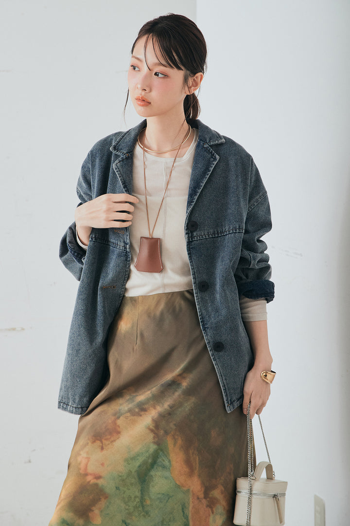 [SET]オーバーデニムジャケット+ニュアンス柄サテンスカート(2set)