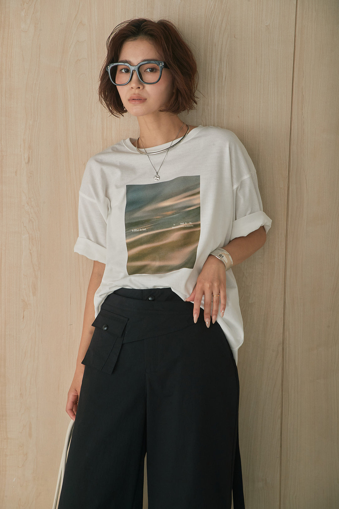 [SET]MarbleプリントTシャツ+ポケットベルト付きニーサイドタックパンツ(2set)