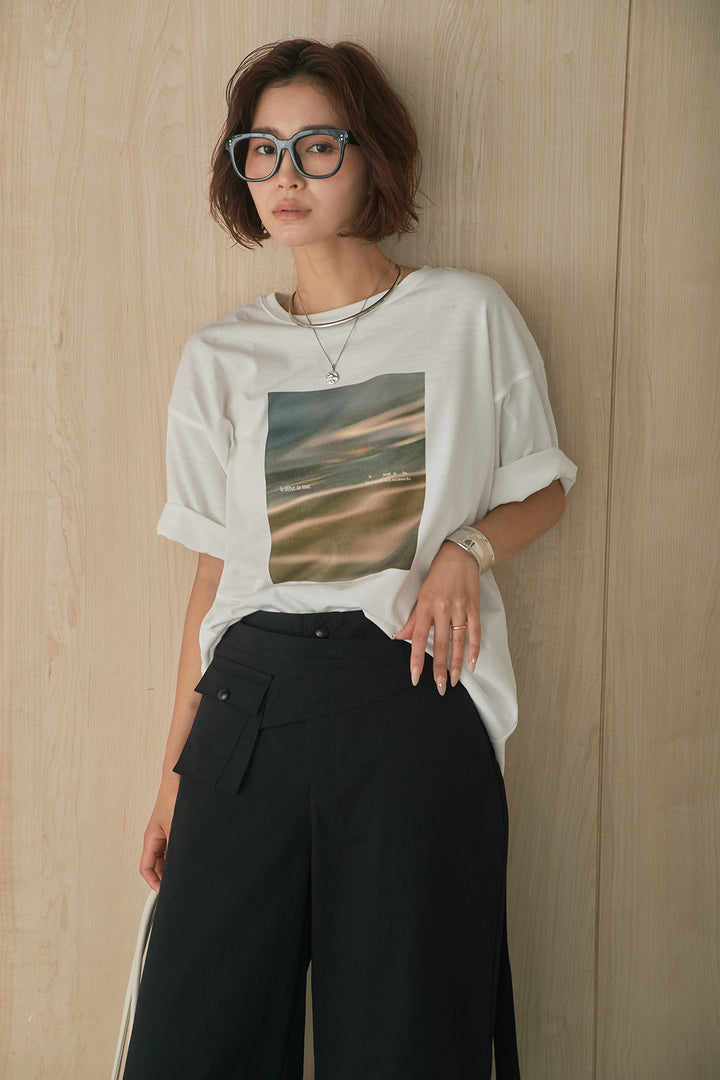[SET]MarbleプリントTシャツ+ポケットベルト付きニーサイドタックパンツ(2set)