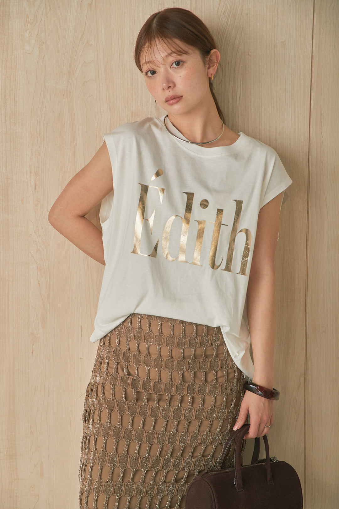 [SET]箔ロゴプリントノースリーブTシャツ+メッシュ編みスカート(2set)
