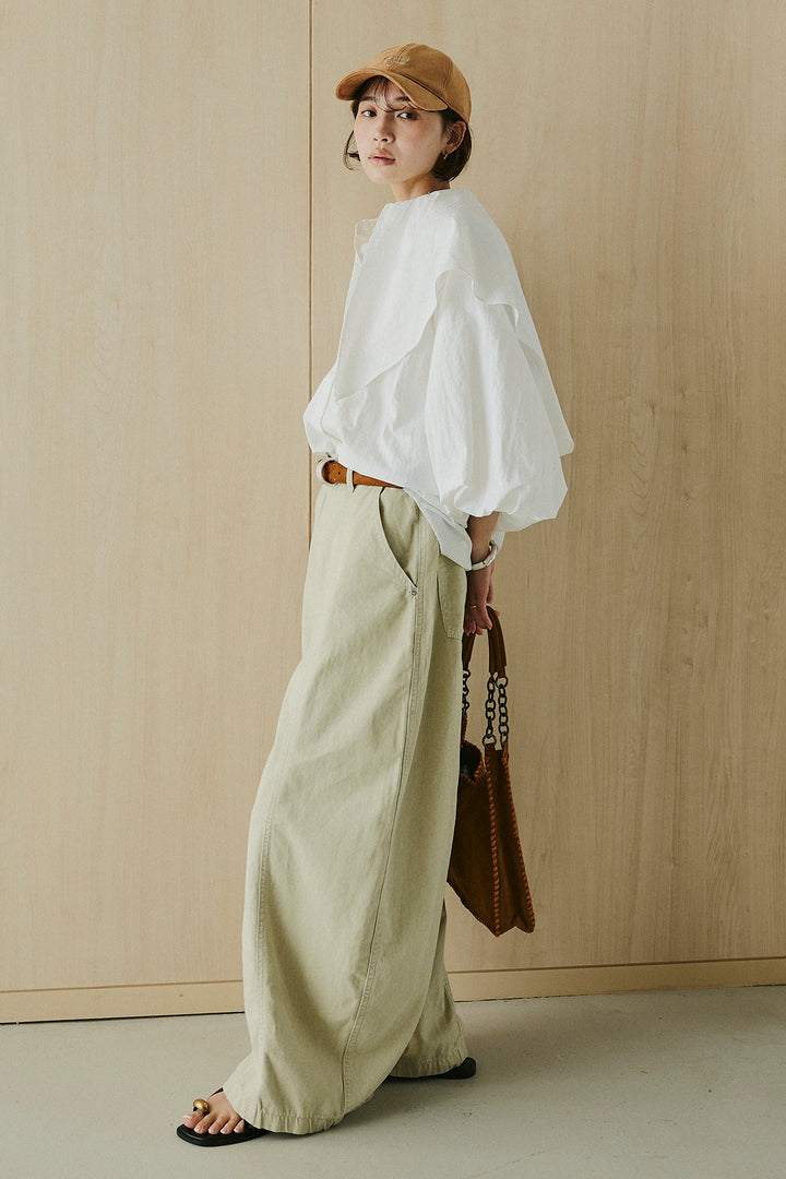 [SET]ケープカラーナイロンブラウス+サイドベルトカーブワイドパンツ(2set)