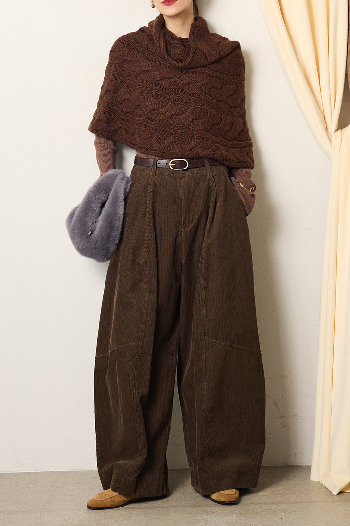 [SET]ケーブル編みケープレイヤードニット+タック入りコーデュロイワイドパンツ(2set)