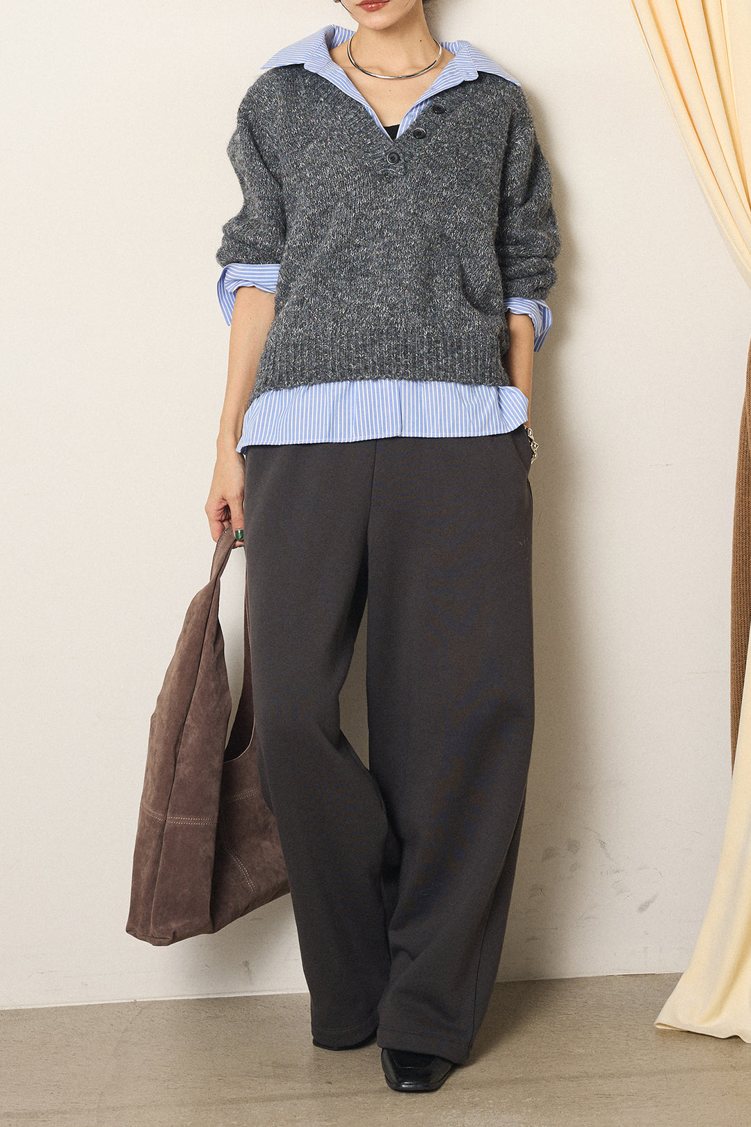[SET]ストライプシャツドッキングニットポロトップス+裏起毛スウェットワイドパンツ(2set)