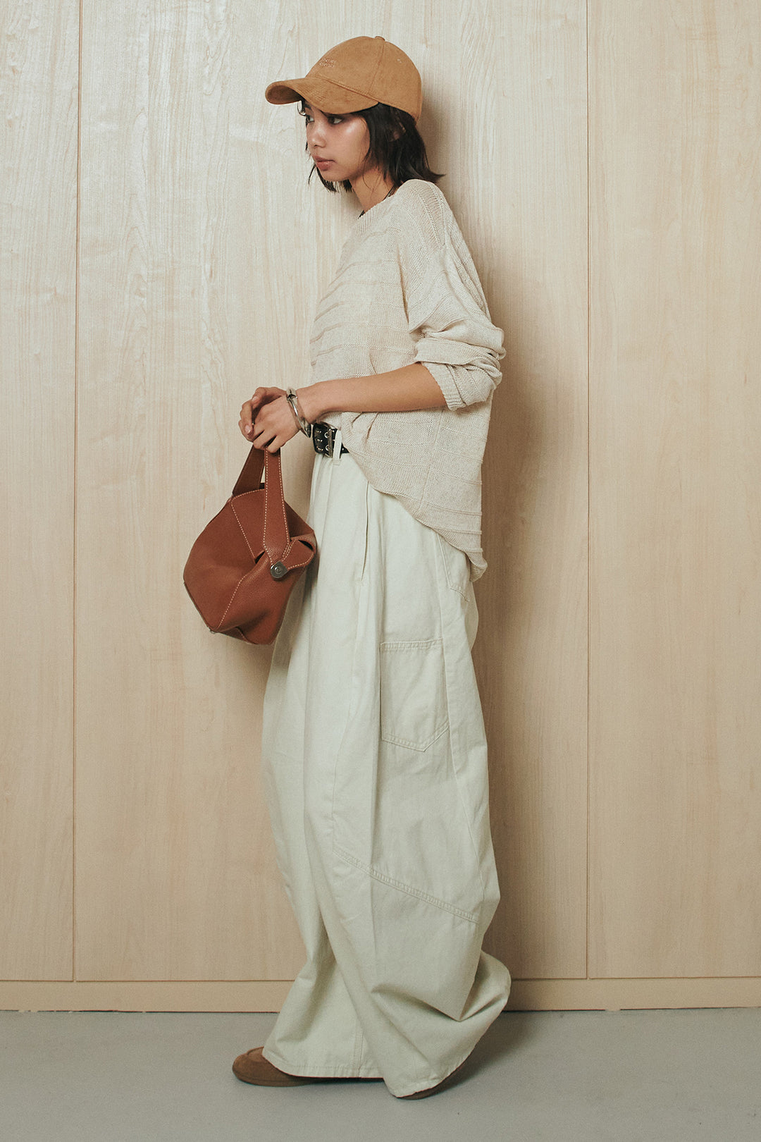 [SET]麻混リラックスニットトップス+ベルト付きカラーデニムパンツ(2set)