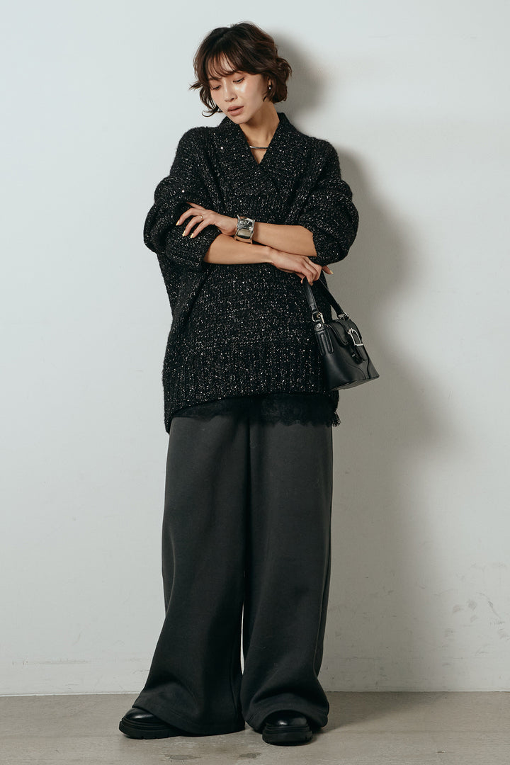 [SET]Vネックラメニットトップス+レース切り替えキャミソール(2set)