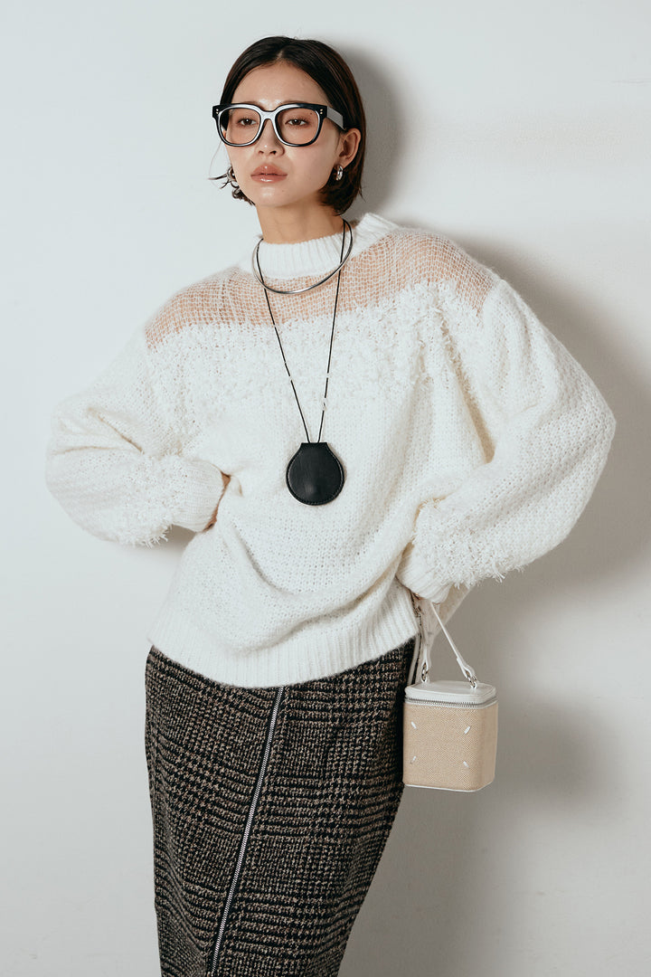 [SET]パターンランダム編みニットトップス+グレンチェック柄フロントジップタイトスカート(2set)