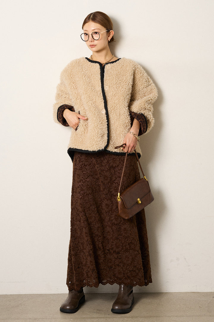 [SET]ノーカラー裏地レオパードボアアウター+花柄刺繍ベロアフレアスカート(2set)