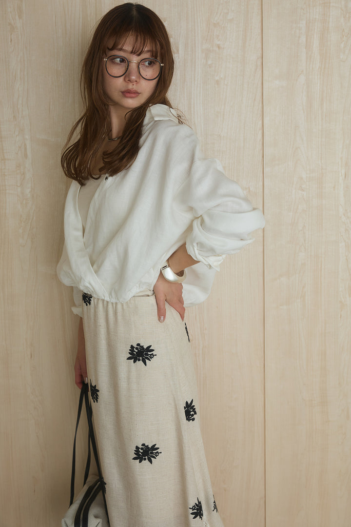 [SET]麻混襟付きトップス+レースコンビフラワー刺繍柄スカート(2set)
