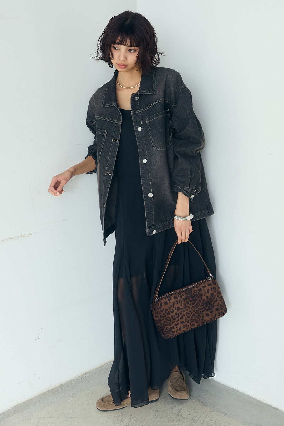 [SET]デニムオーバーサイズジャケット+シアーフリルキャミワンピース(2set)