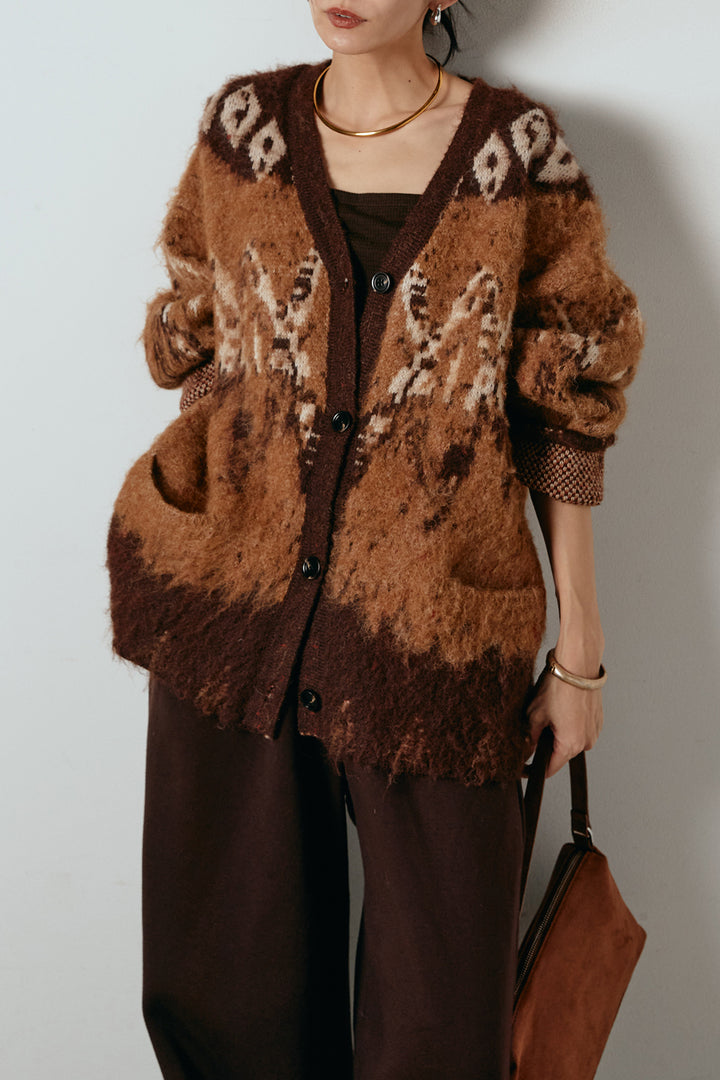 [SET]シャギーニュアンス柄ニットカーディガン+裏起毛スウェットワイドパンツ(2set)