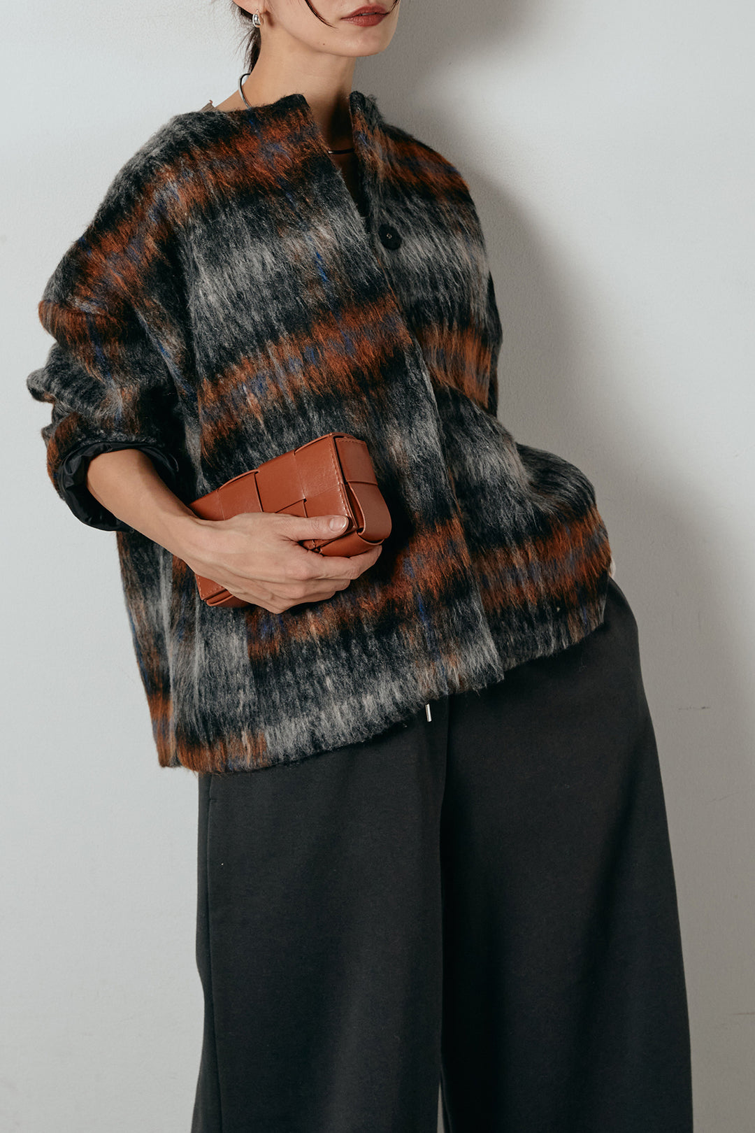 [SET]ノーカラーシャギーチェックアウター+裏起毛スウェットワイドパンツ(2set)