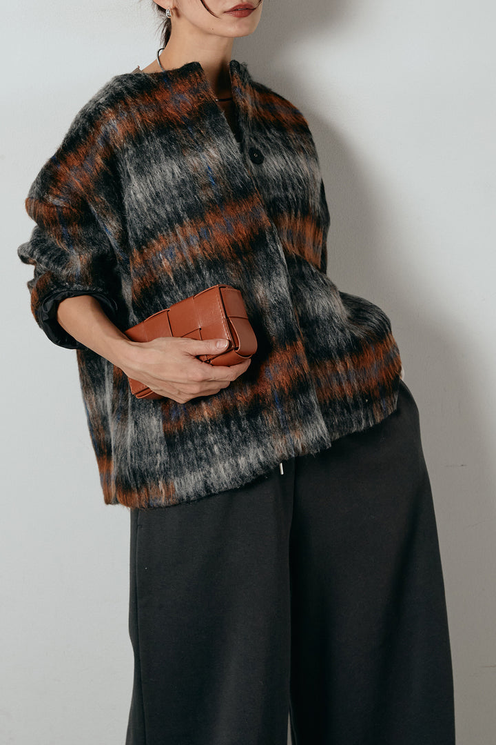 [SET]ノーカラーシャギーチェックアウター+裏起毛スウェットワイドパンツ(2set)