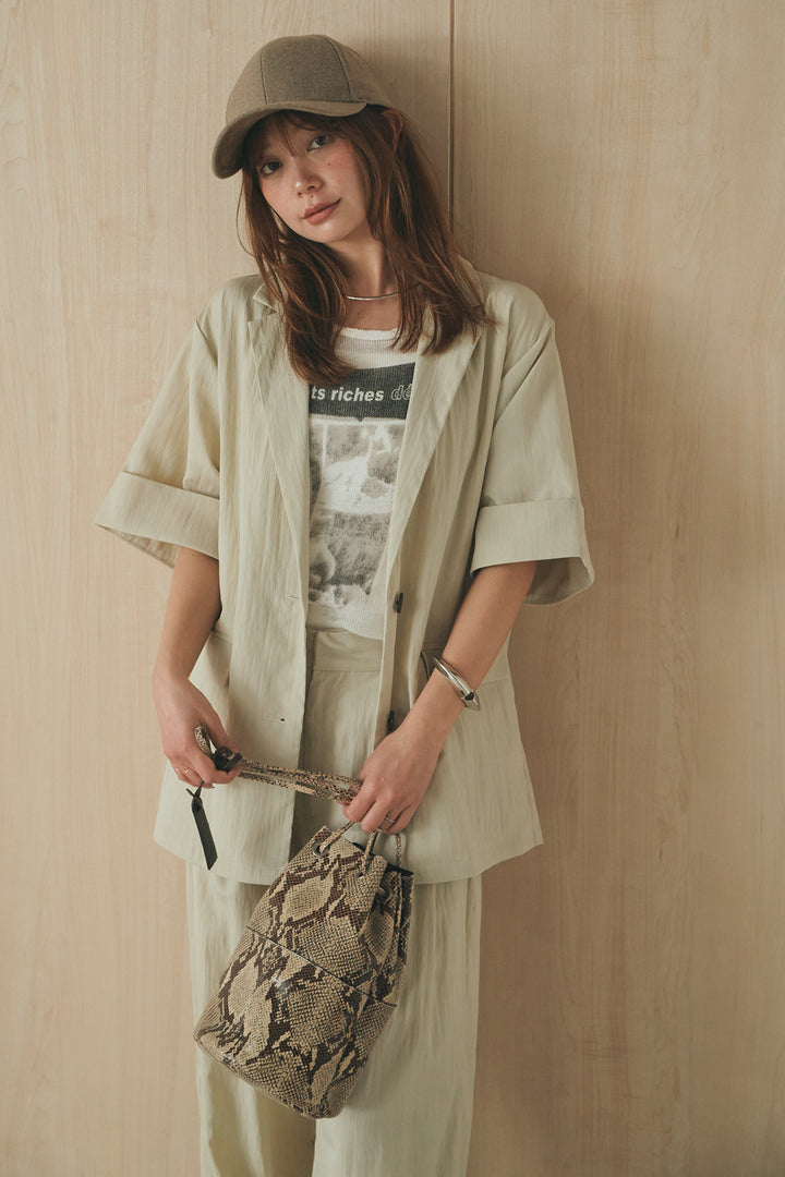 [SET]リネンライクテーラードハーフスリーブジャケット+リネンライク2タックワイドパンツ+半袖モノトーングラフィックトップス(3set)