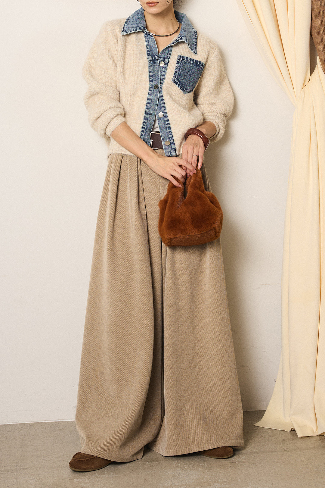 [SET]襟付きデニム切替ニットカーディガン+ベルトループコーデュロイワイドパンツ(2set)