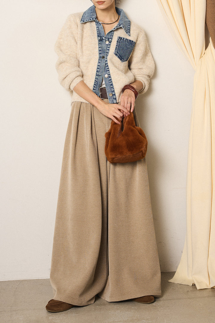 [SET]襟付きデニム切替ニットカーディガン+ベルトループコーデュロイワイドパンツ(2set)