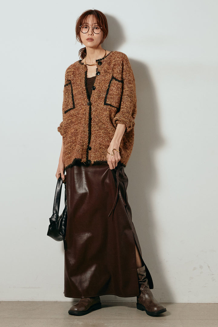[SET]ミックスニットポケットカーディガン+紐付きフェイクレザーワイドスカート(2set)