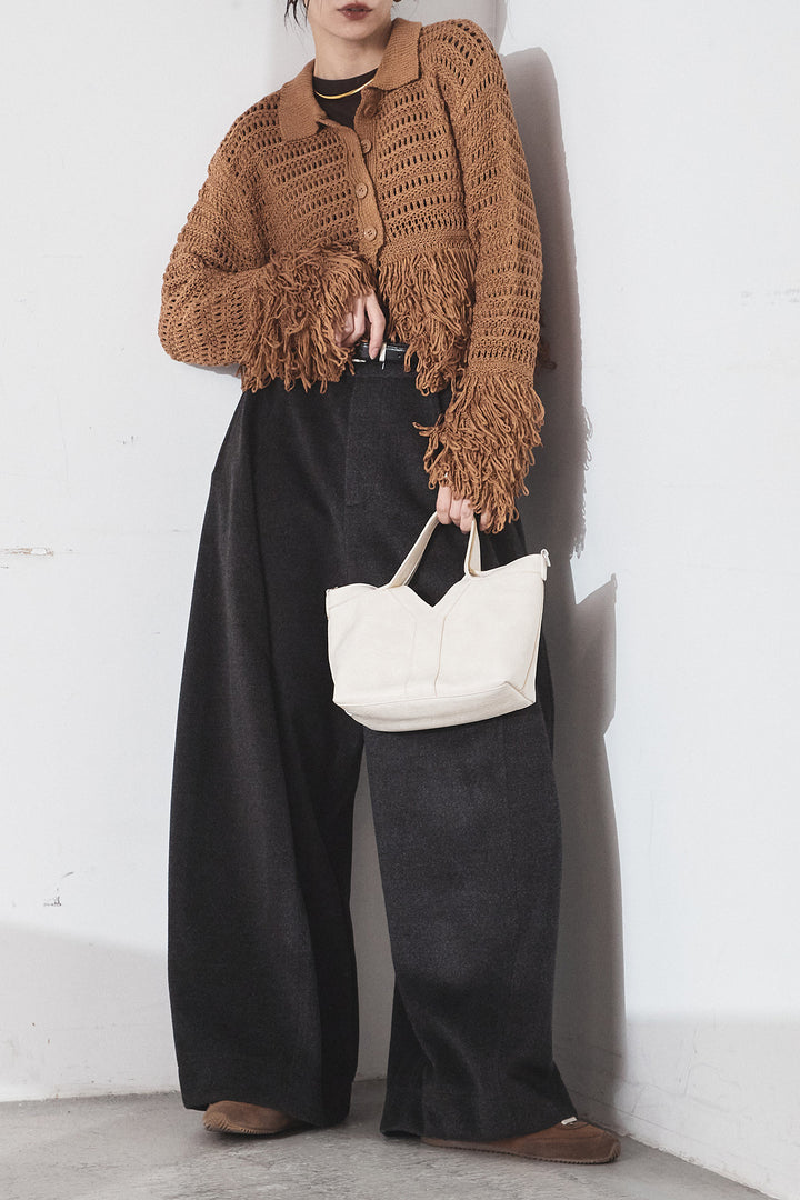 [SET]メッシュフリンジカーディガン+ウールタッチカーブワイドパンツ(2set)