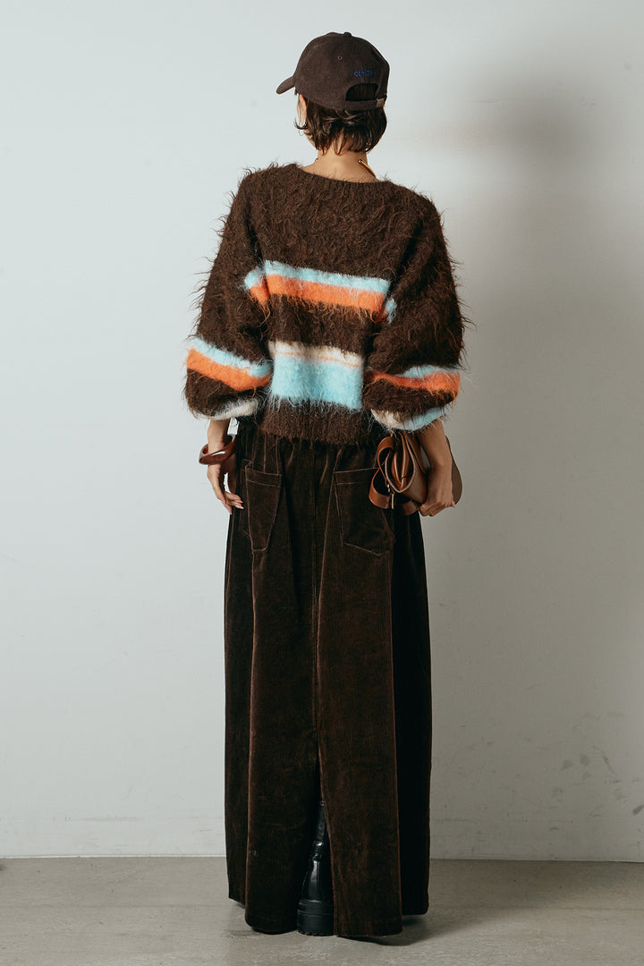 [SET]起毛配色マルチボーダーニットトップス+ポーチベルト付きコーデュロイワイドスカート(2set)