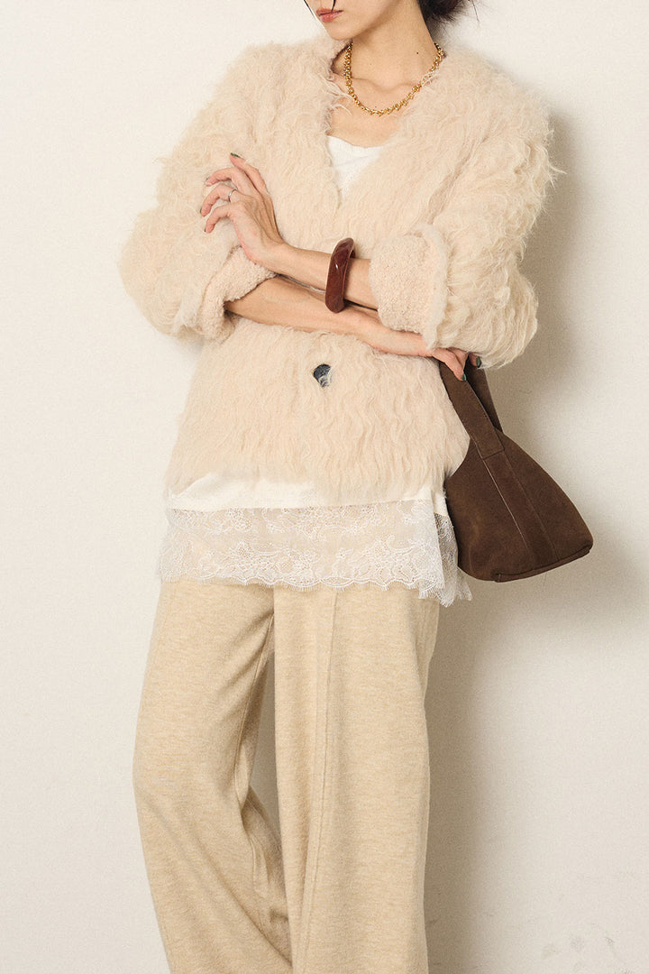 [SET]起毛シャギーニットカーディガン+レース切り替えキャミソール(2set)