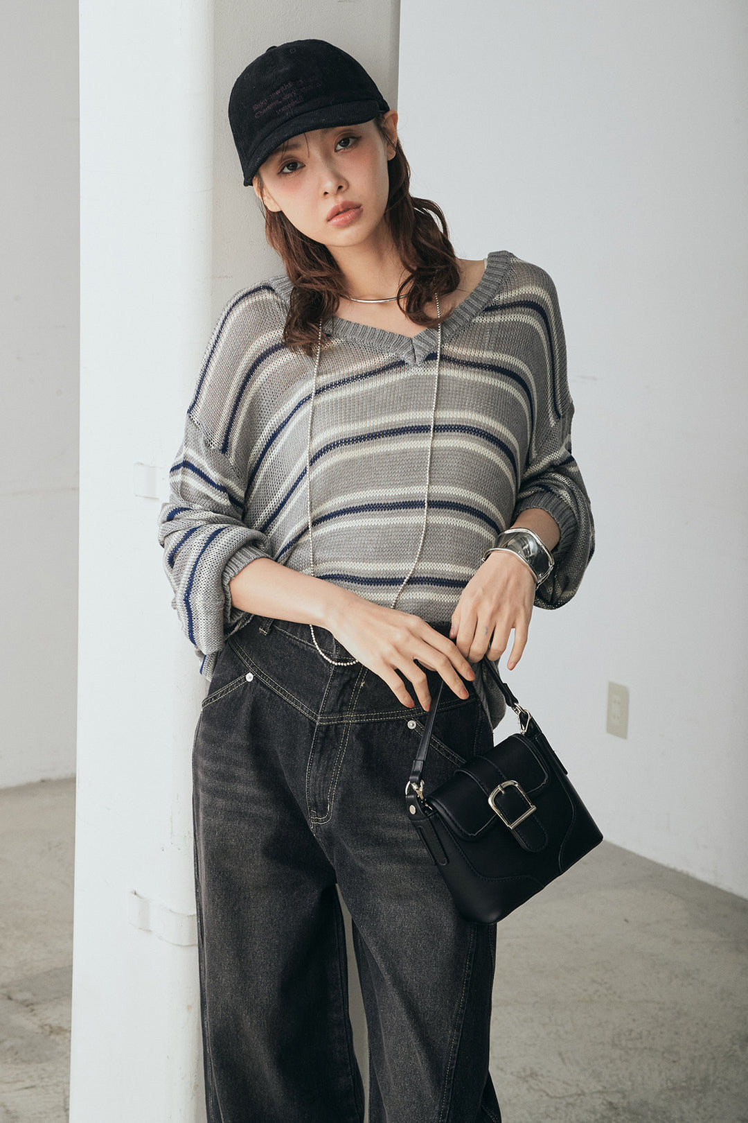 [SET]綿タッチVネックボーダートップス+デニムヨークパンツ(2set)