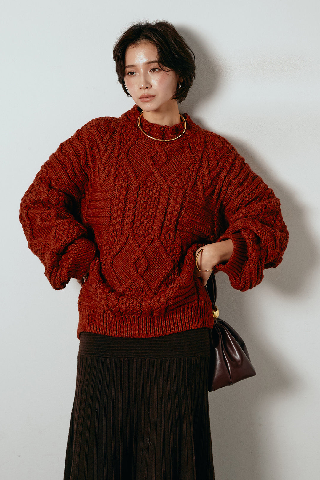 [SET]アラン柄ミックスケーブルニット+編み地切り替えフレアニットスカート(2set)