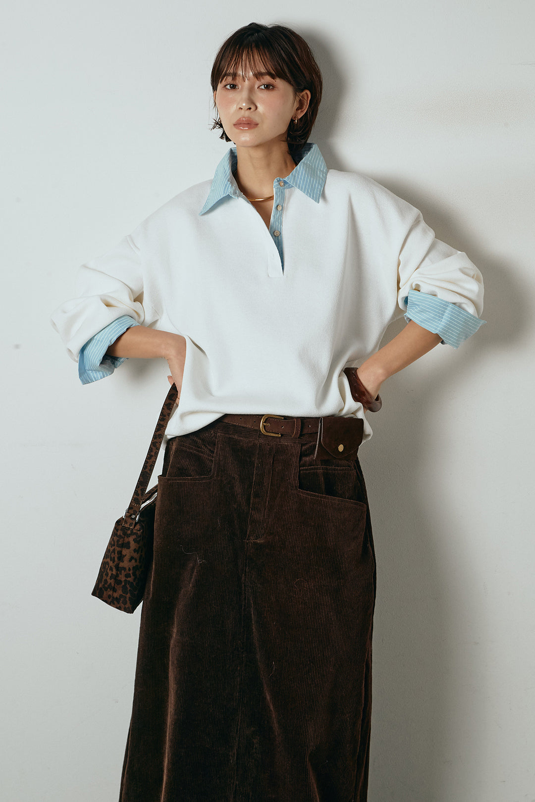 [SET]ストライプシャツドッキングポロトップス+ポーチベルト付きコーデュロイワイドスカート(2set)