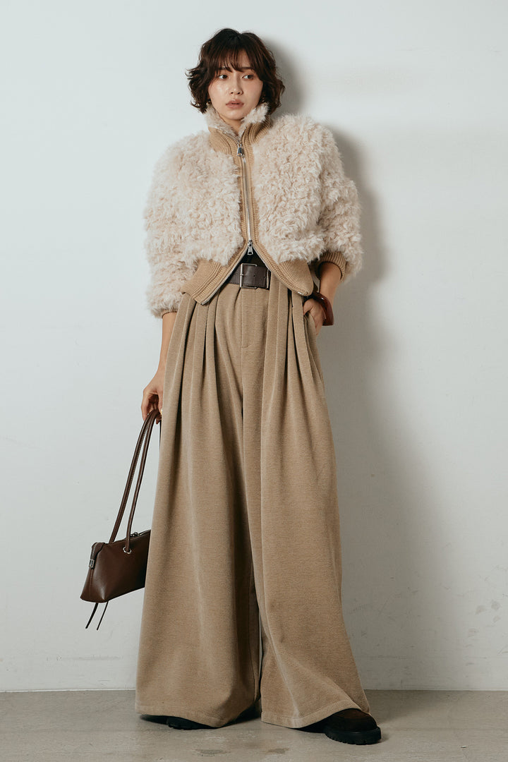 [SET]ハイネックショート丈ボアジップブルゾン+ベルトループコーデュロイワイドパンツ(2set)