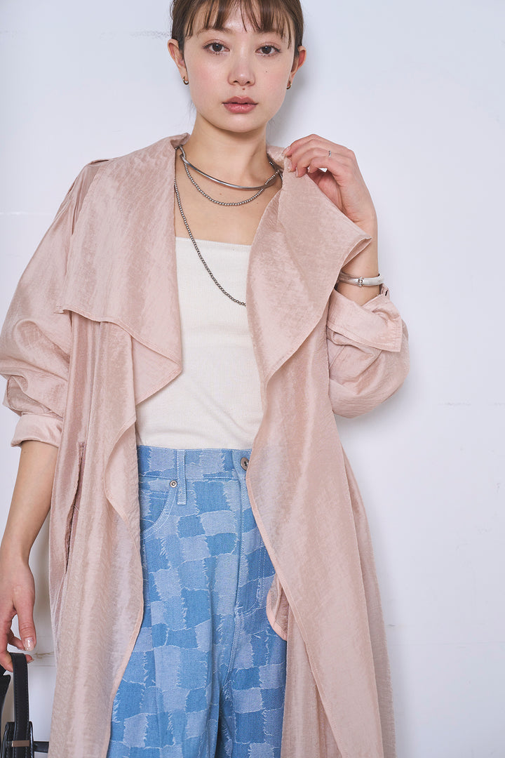 [SET]ロングシアーアウター+パッチワーク風デニムワイドパンツ(2set)