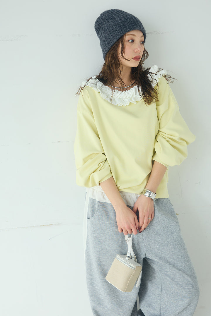 [SET]ネックギャザーフリルスウェット+異素材切り替えスウェットパンツ(2set)