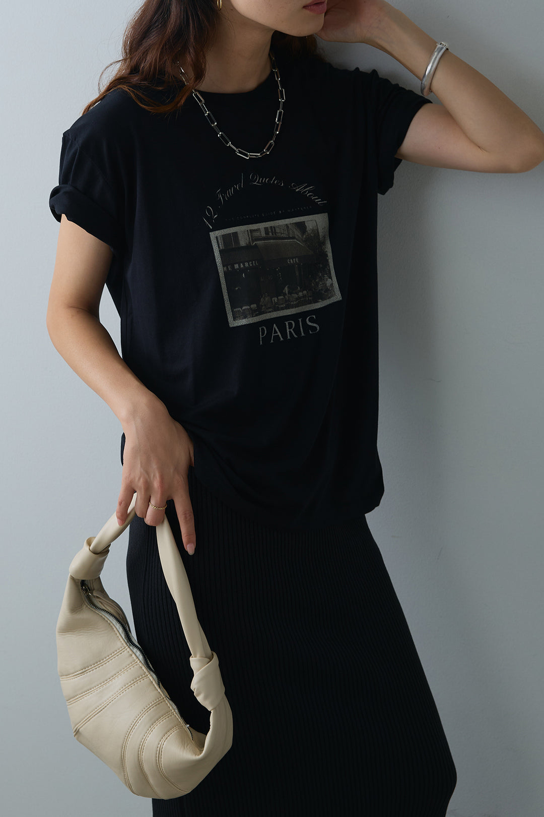 [SET]PARISフォトTシャツ+パッド付きスクエアネックリブニットワンピース(2set)
