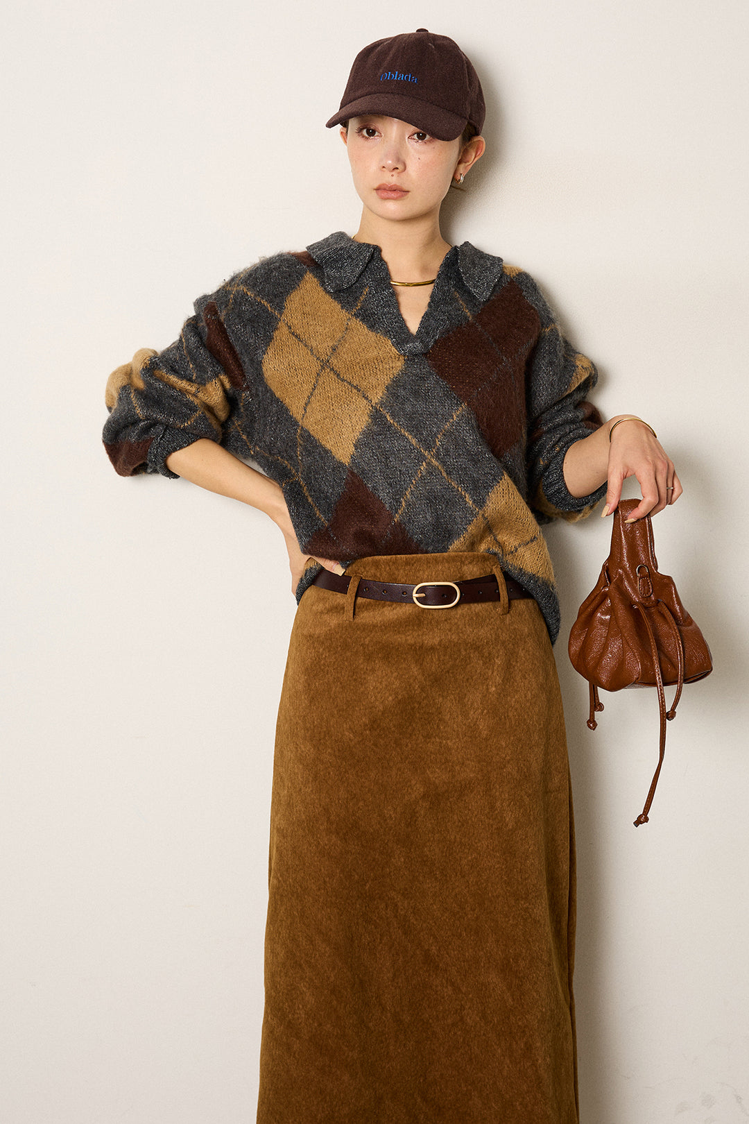 [SET]アクリルモヘアアーガイルキーネックプルオーバー+ロープベルト付きスウェード調スカート(2set)