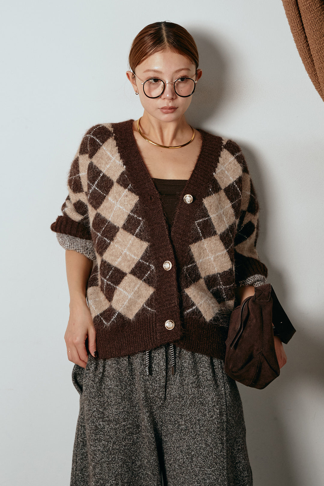 [SET]オーバーサイズ総柄Vネックニットカーディガン+杢ニットフレアパンツ(2set)