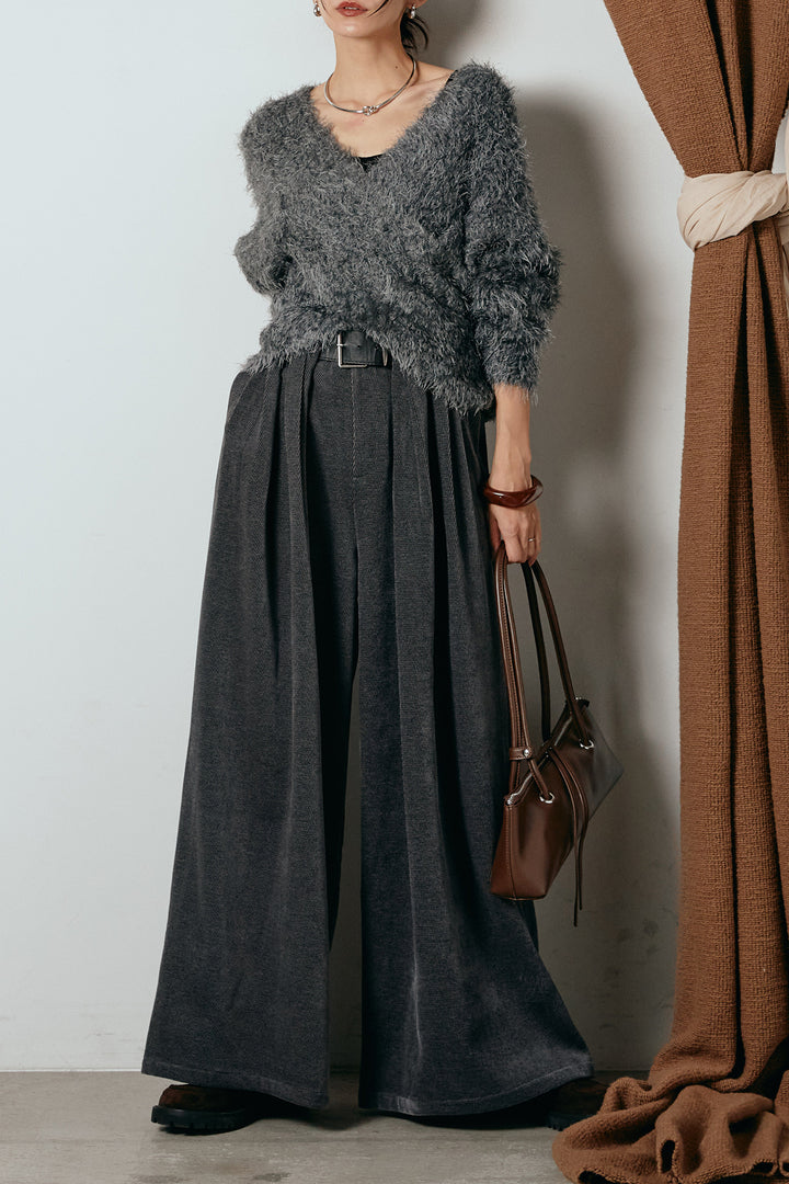 [SET]シャギークロスニットトップス+ベルトループコーデュロイワイドパンツ(2set)