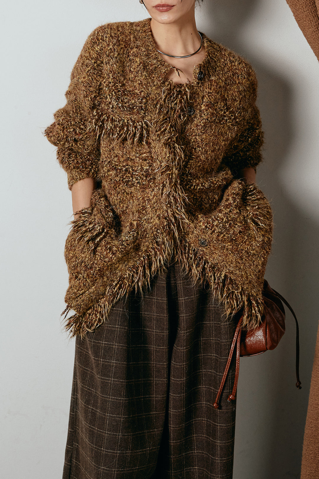 [SET]フリンジニットカーディガン+ウールライクチェックタックパンツ(2set)