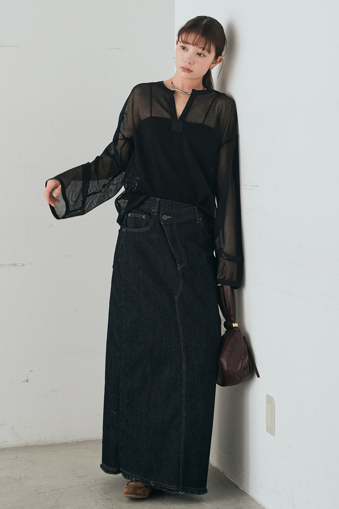 [SET]メッシュカットソースキッパープルオーバー+ウエストクロスデニムタイトスカート(2set)