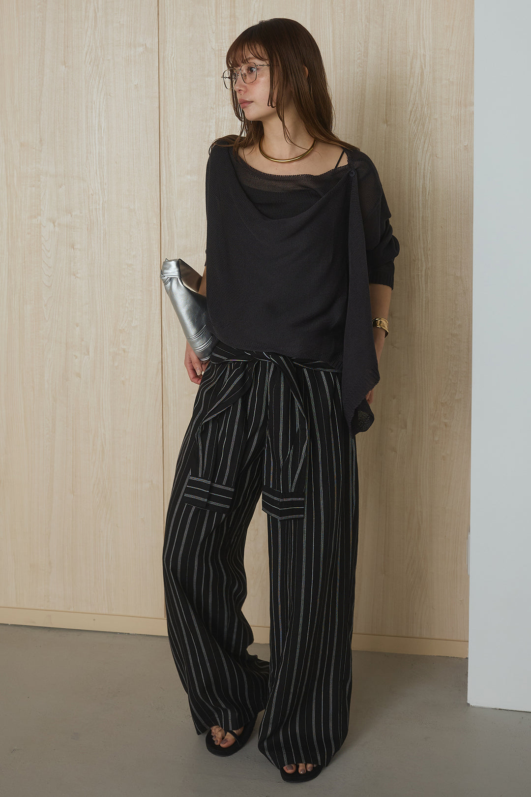[SET]重ねデザインシアートップス+ウエスト巻きピンストライプパンツ(2set)