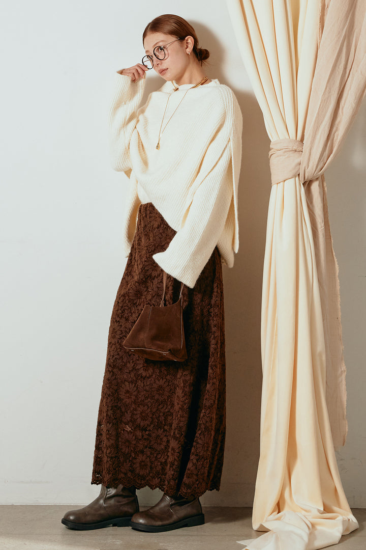 [SET]ケープデザインリブニットトップス+花柄刺繍ベロアフレアスカート(2set)