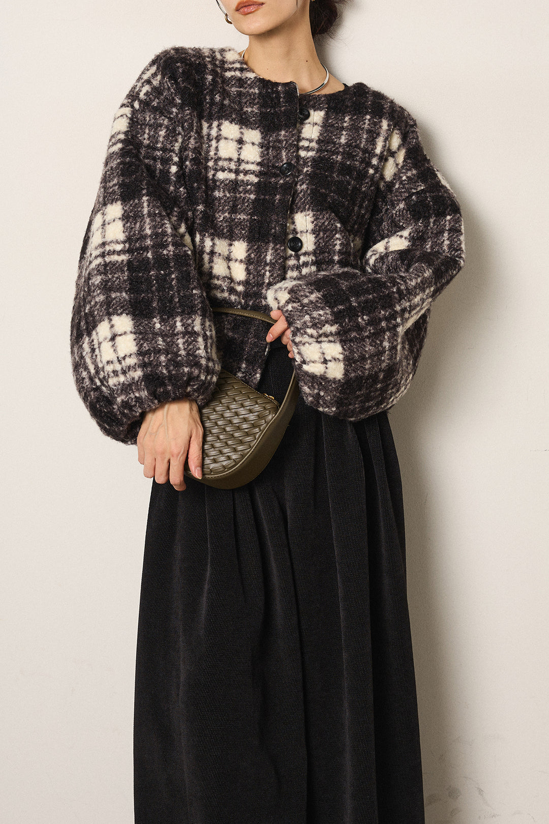 [SET]ノーカラーチェック柄ボアブルゾン+ベルトループコーデュロイワイドパンツ(2set)