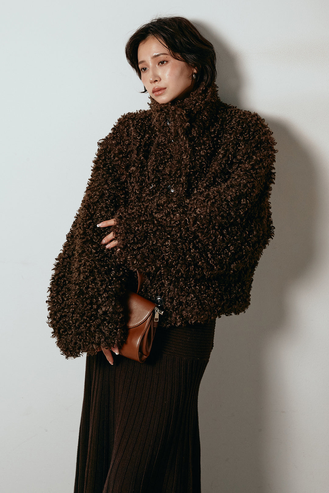 [SET]プードルファーミドルジャケット+編み地切り替えフレアニットスカート(2set)