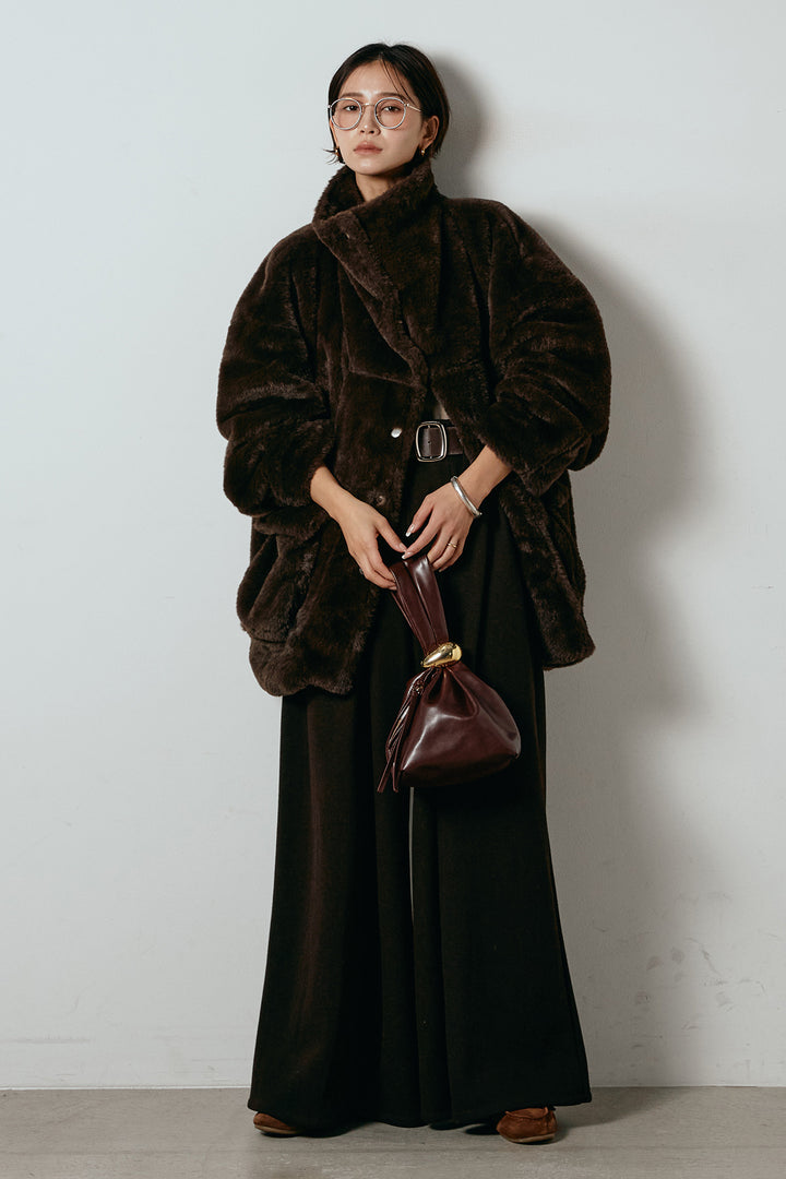 [SET]スタンドネックファーコート+フェイクレザー太ベルト付きタックワイドパンツ(2set)