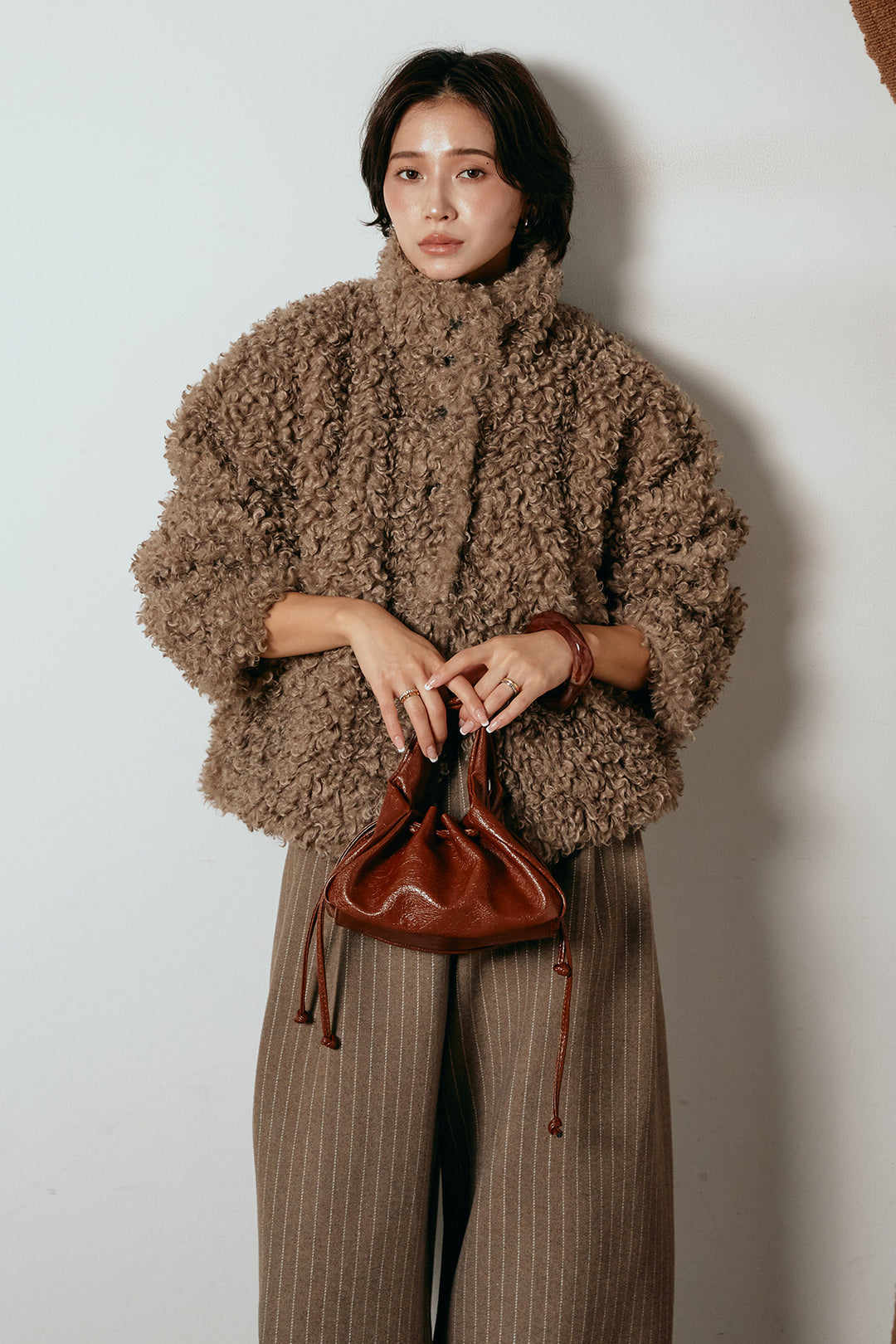 [SET]プードルファーミドルジャケット+ウールライクストライプパンツ(2set)