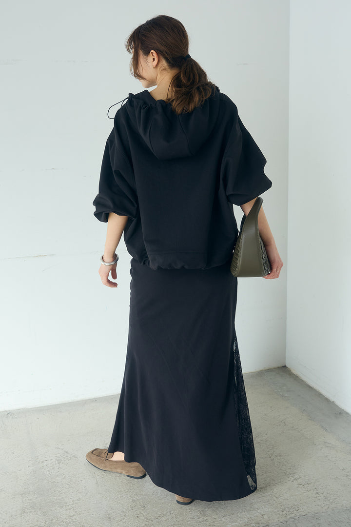 [SET]ネック裾絞りブルゾンアウター+刺繍レースデザインサテンスカート(2set)