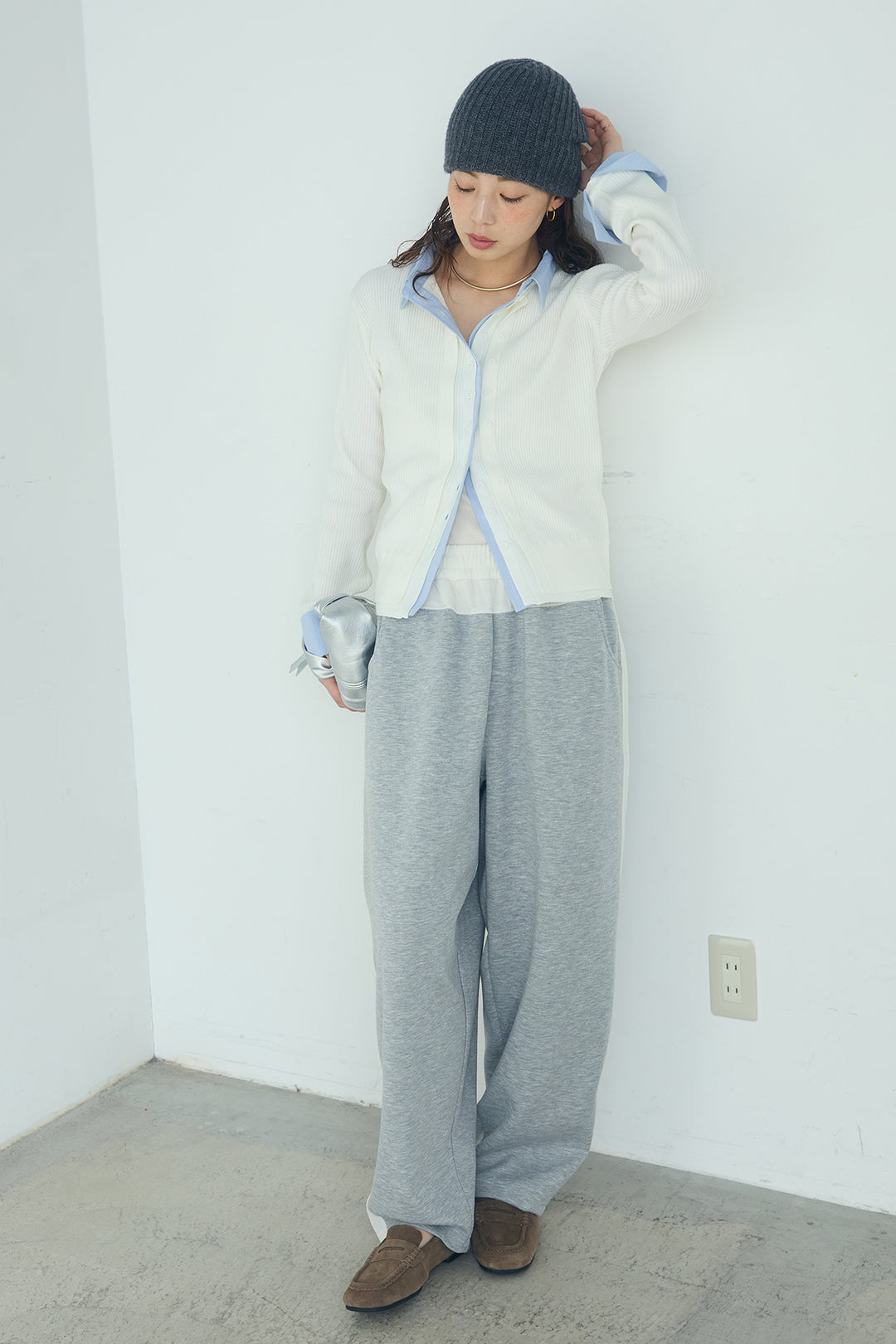 [SET]シャツドッキングボタンニットカーディガン+異素材切り替えスウェットパンツ(2set)