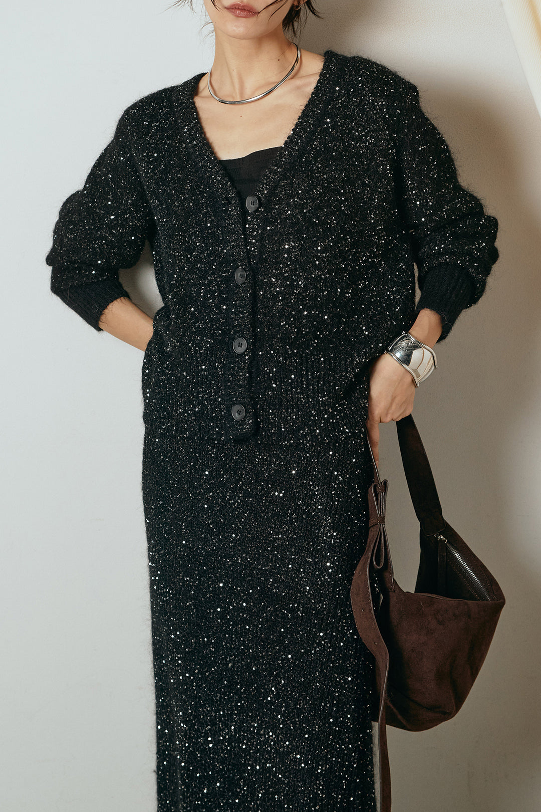 [SET]ミニラメニットカーディガン+ミニラメニットスカート(2set)